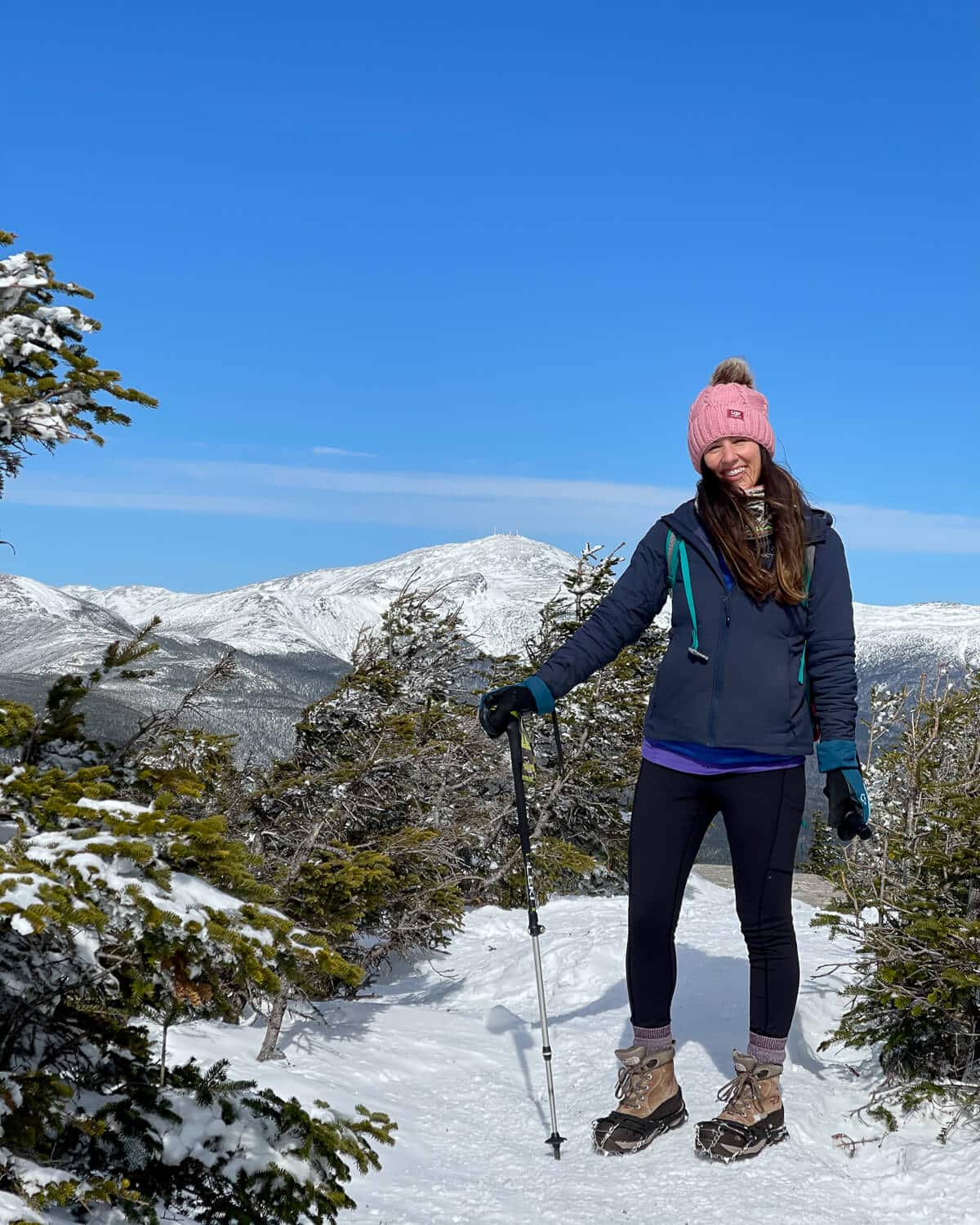 Navy Blue Jacket with Pink Beanie for Mountain Treks Navy Blue Jacket with Pink Beanie for Mountain Treks β Winter Hiking Outfits
