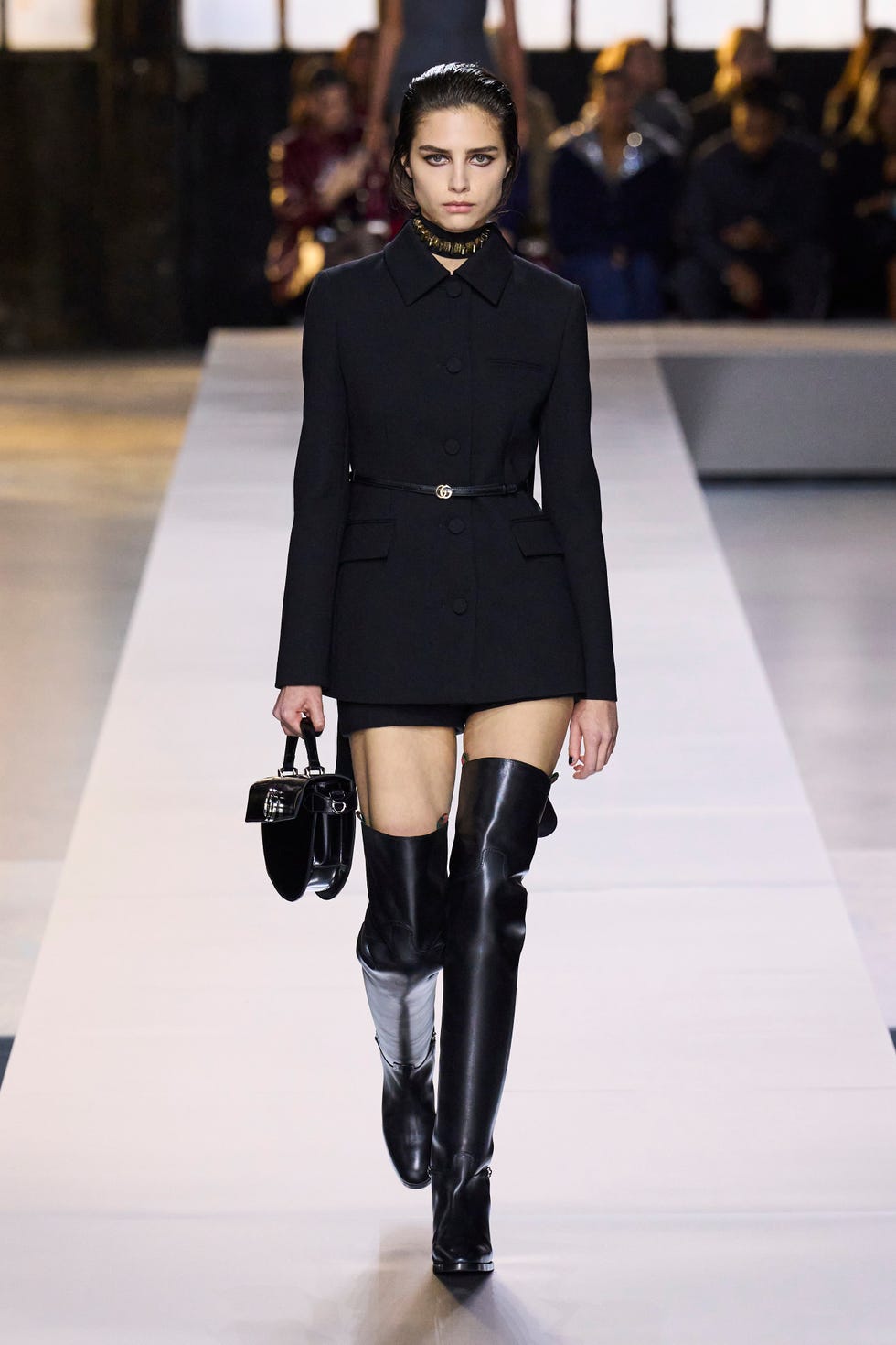 Belted Blazer and Shorts with Black Leather Over-the-Knee Boots — Over the Knee Boots Outfits
