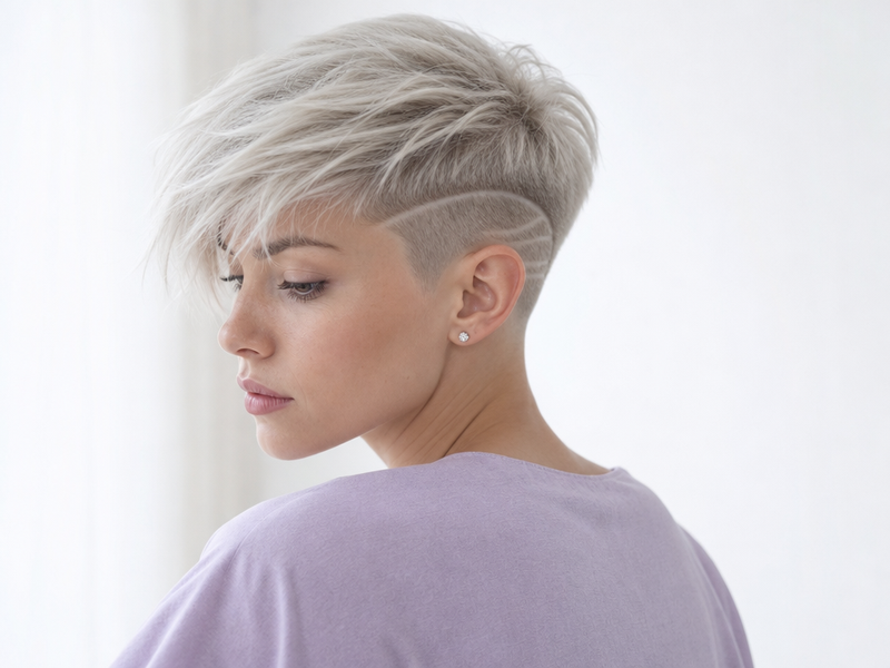 Platinum Undercut Pixie with Textured Bangs Platinum Undercut Pixie with Textured Bangs β Winter Haircuts for Women