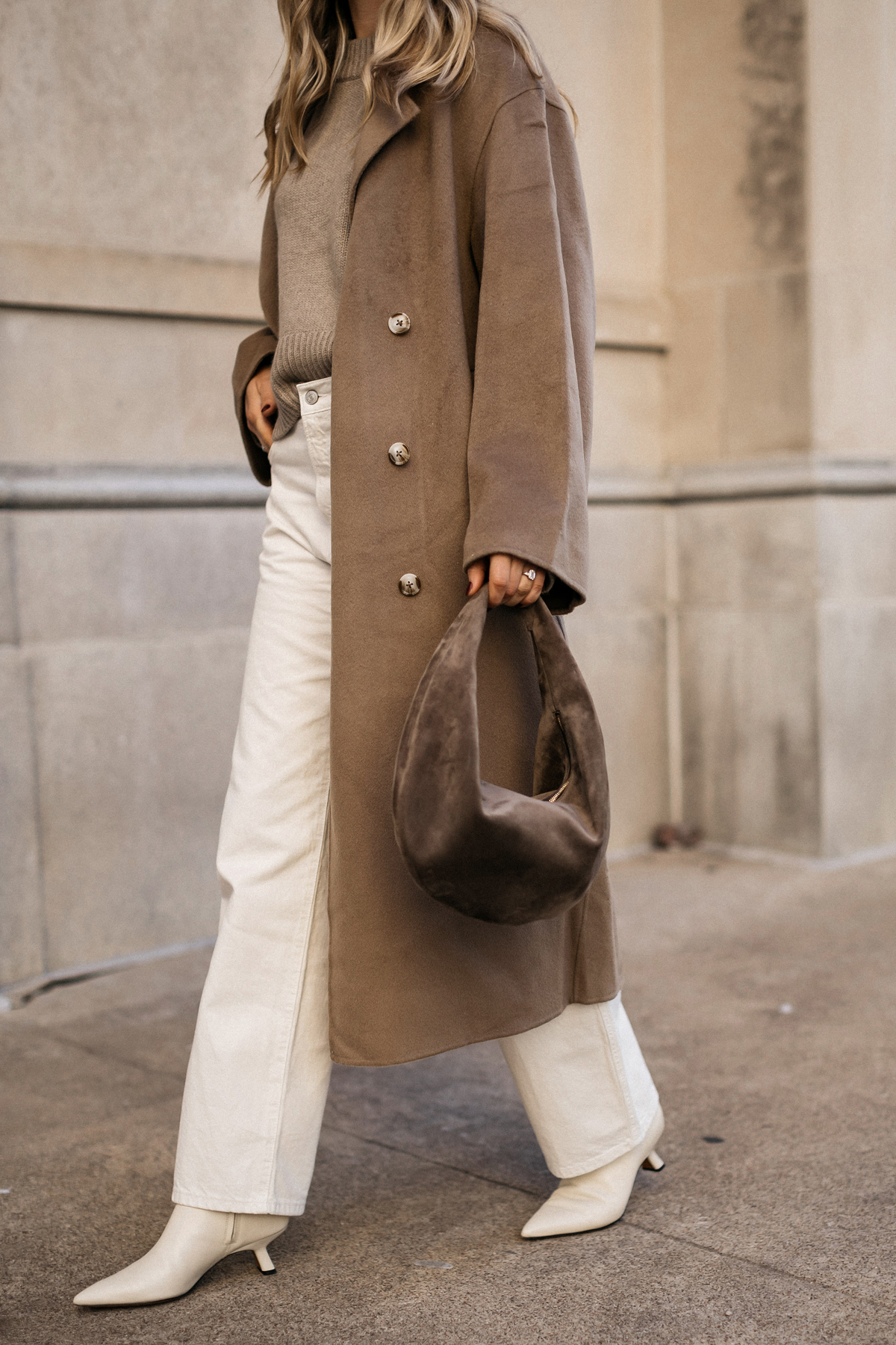 Cream Wide-Leg Jeans Paired with a Beige Knit Sweater and Brown Wool Coat Cream Wide-Leg Jeans Paired with a Beige Knit Sweater and Brown Wool Coat β Winter Outfits with Jeans