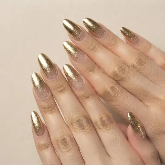 Gold Glitter Gradient Stiletto Nails Gold Glitter Gradient Stiletto Nails β New Years Nail Designs 2027