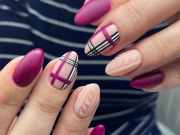 Magenta Matte Plaid Cable Knit Nails Magenta Matte Plaid Cable Knit Nails β Winter Nail Art Simple