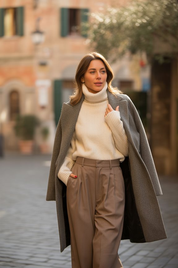 Cream Ribbed Turtleneck and Draped Grey Coat — Italy Winter Outfits