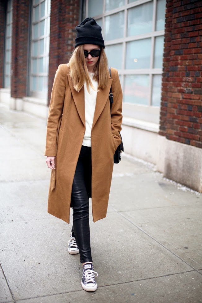 Straight-Cut Brown Wool Coat with Leather Pants — Brown Coat Outfits