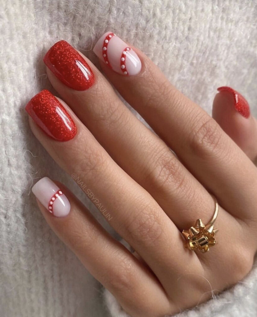 Red Glitter & Dotted French Red Glitter & Dotted French β Short Christmas Square Nails 2026