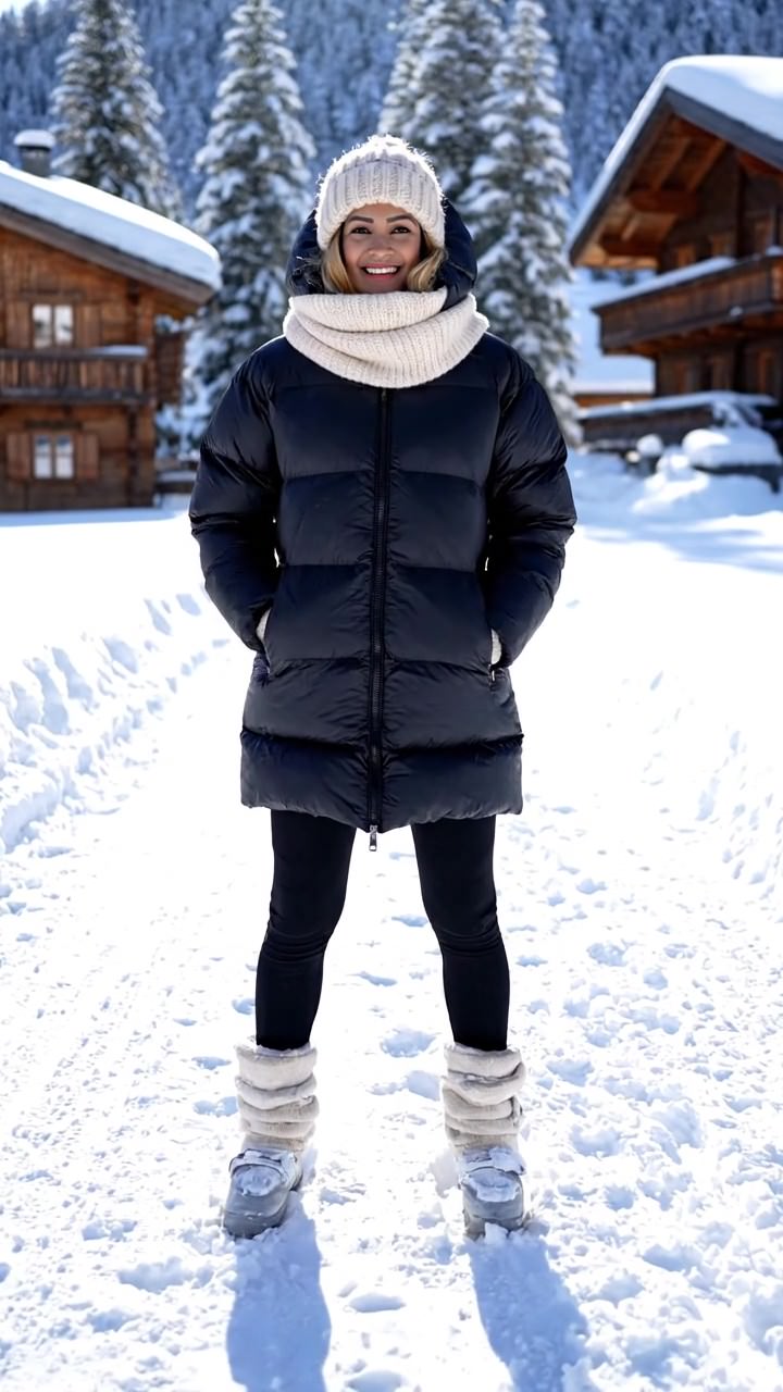 Long Black Puffer Jacket and Moon Boots for Snowy Photoshoots Long Black Puffer Jacket and Moon Boots for Snowy Photoshoots β Winter Photoshoot Outfits