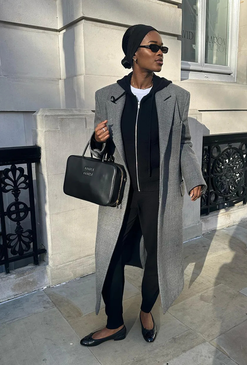 Chic Grey Wool-Blend Coat Over Hoodie and Joggers — Winter Travel Outfits