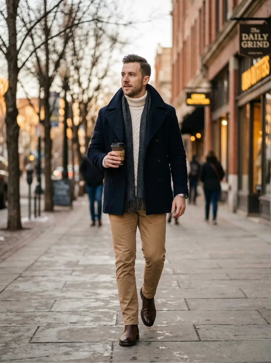 Men's Navy Peacoat with Cable Knit and Chelsea Boots Men's Navy Peacoat with Cable Knit and Chelsea Boots β Peacoat Outfits