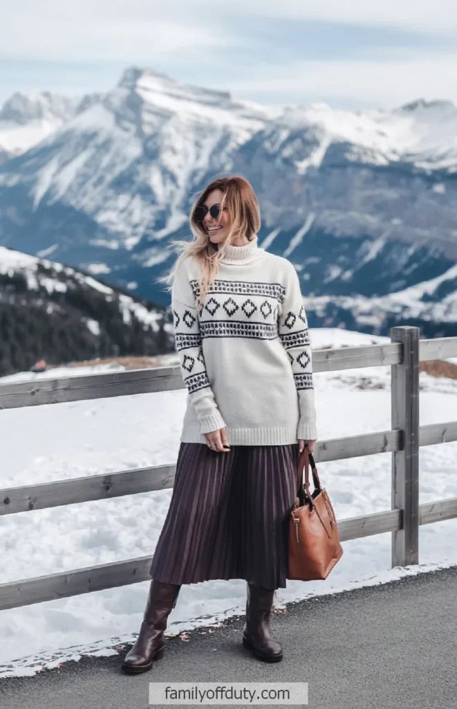 Fair Isle Sweater and Pleated Midi Skirt for a Winter Trip — Cabin Trip Outfits