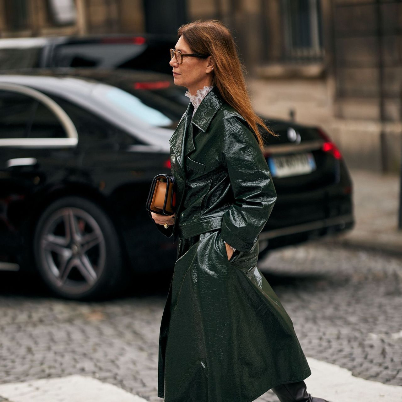 Dark Green Patent Trench and Lace — Paris Winter Outfits