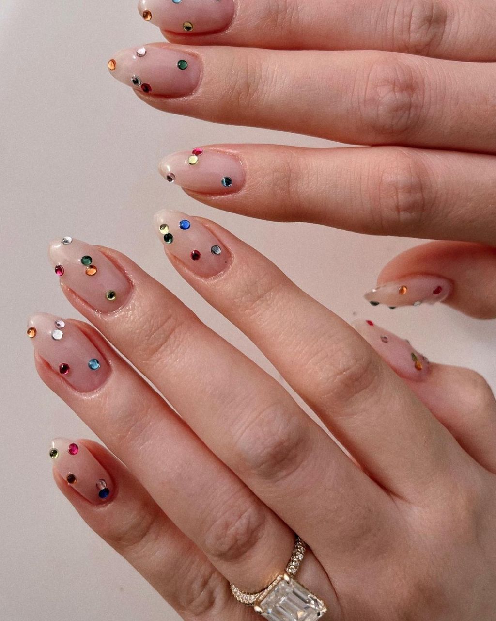 Clear Gloss with Scattered Confetti Rhinestones — Minimalist New Years Nails 2027