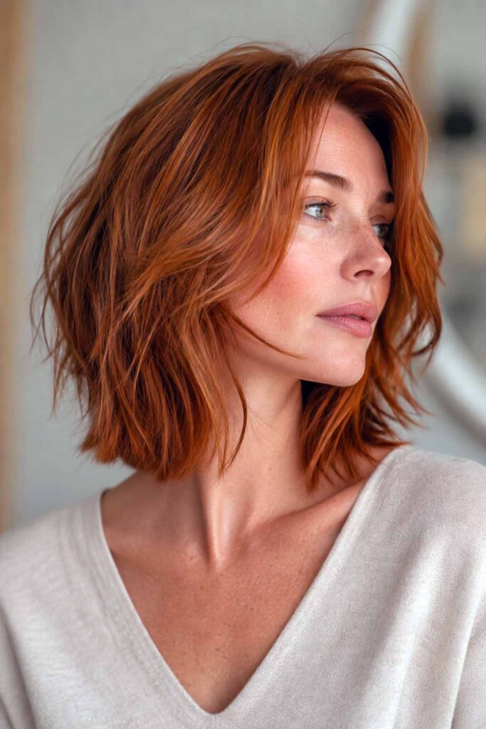 Vibrant Copper Red Collarbone Shag — Winter Hairstyles for Thin Hair