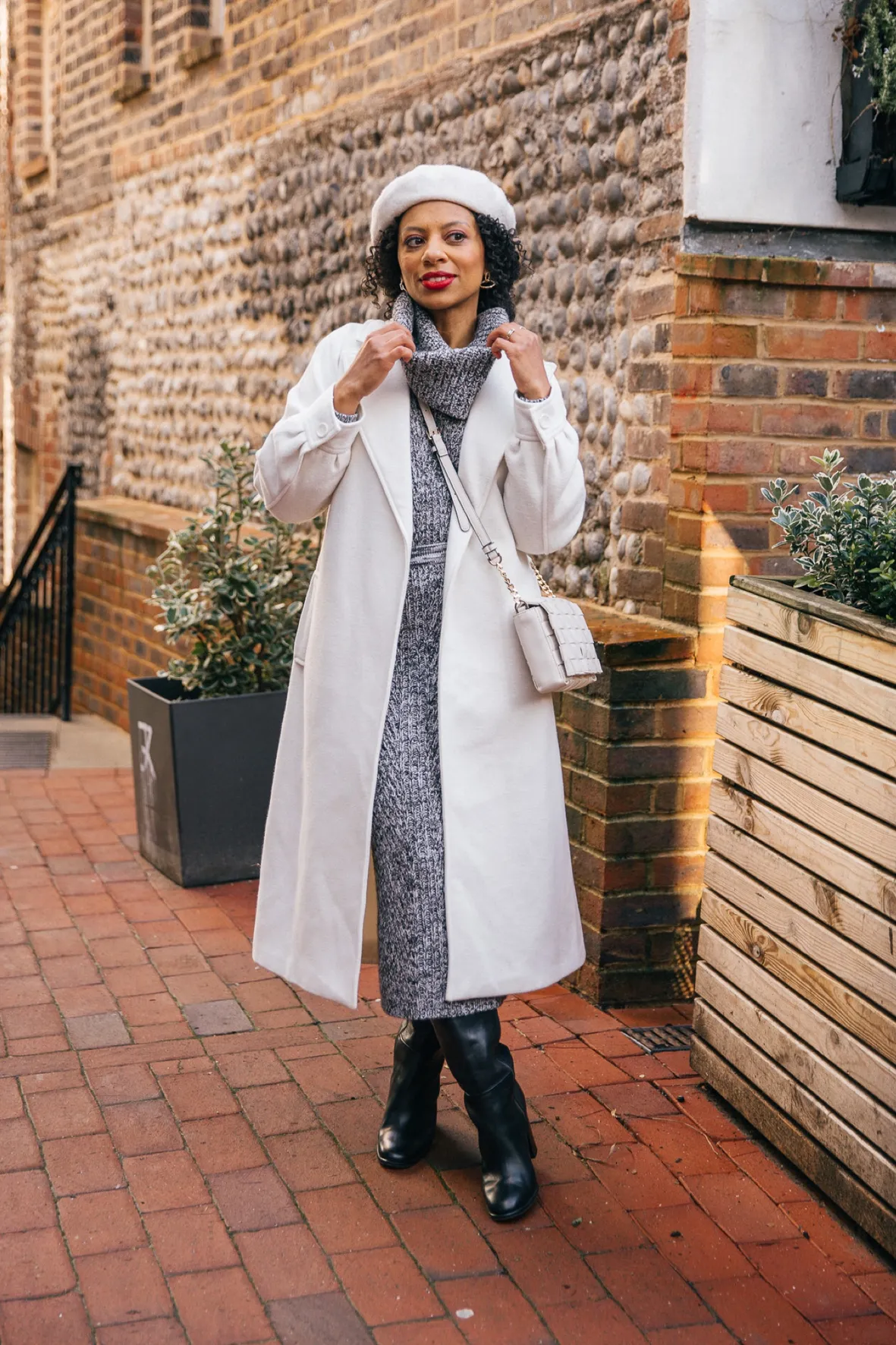 Chic White Wool-Blend Coat Over Knit Dress Chic White Wool-Blend Coat Over Knit Dress β Winter Outfits for Petite Women