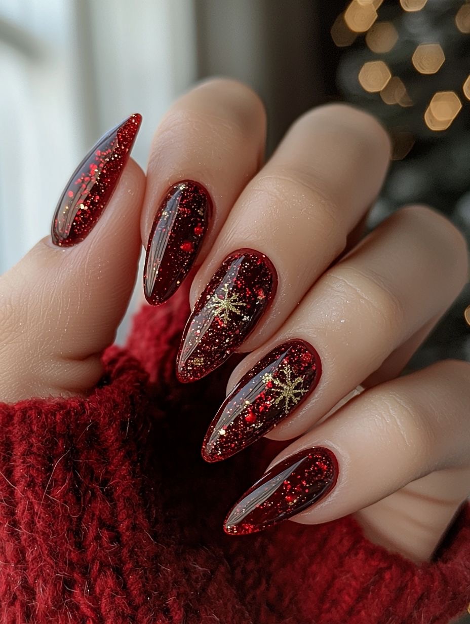 Deep Red Glitter Snowflake Stiletto Nails Deep Red Glitter Snowflake Stiletto Nails β Christmas Stiletto Nails 2026