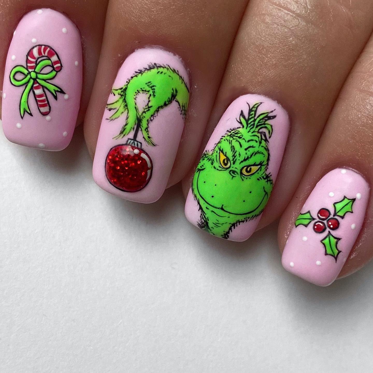Matte Pink Grinch Characters and Holly Matte Pink Grinch Characters and Holly β Grinch Nails 2026