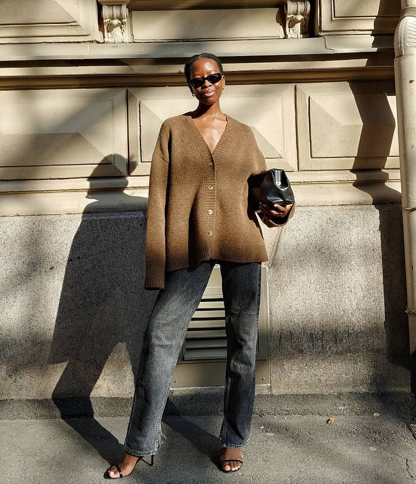Brown V-Neck Cardigan Over Grey Denim Jeans — Cardigan Outfits