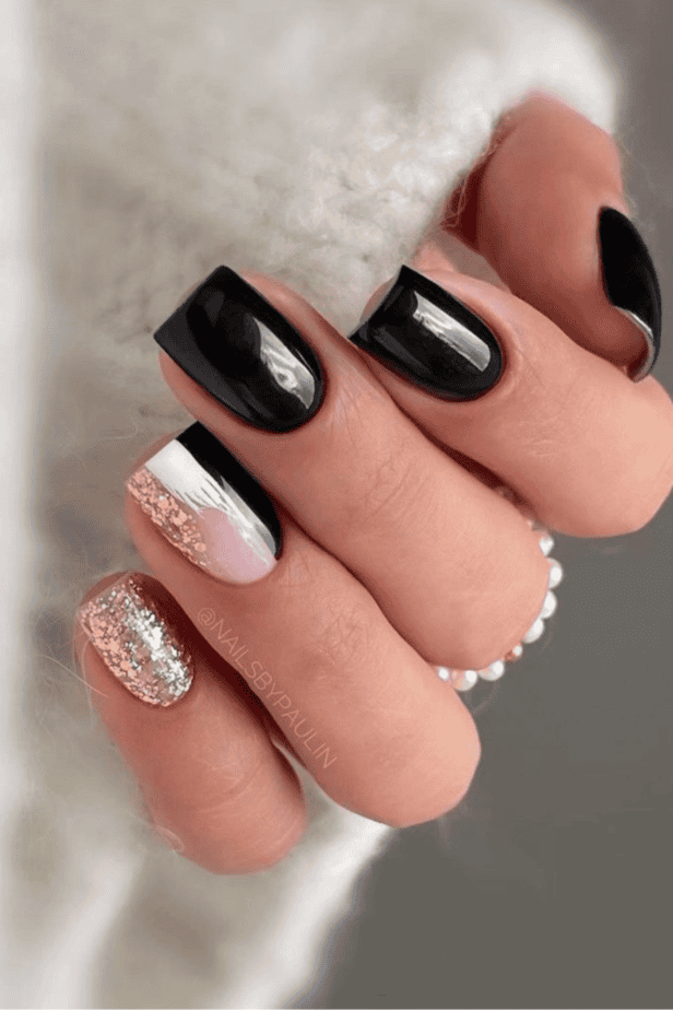 Black with Rose Gold Glitter and Abstract Art — New Years Gel Nails 2027