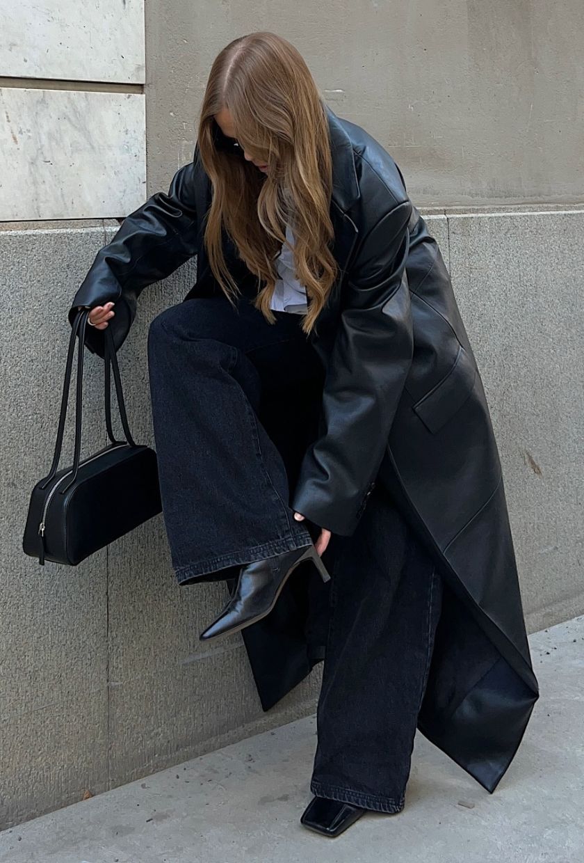 Edgy Streetwear with a Leather Trench Coat and Wide-Leg Jeans — Winter Streetwear Outfits