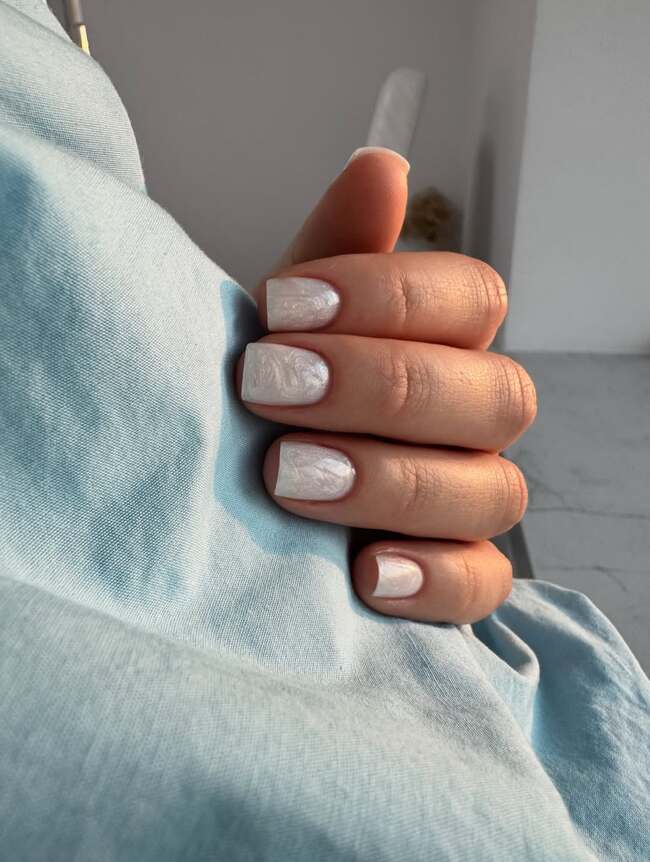 Pearlescent Shimmer Off-White Short Square — Winter Nail Colors for Short Nails