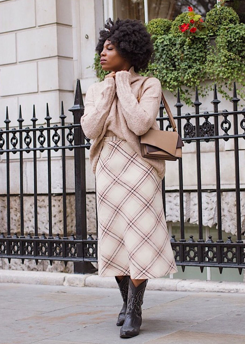 Plaid Midi Skirt Paired with an Oversized Knit Sweater — December Outfits