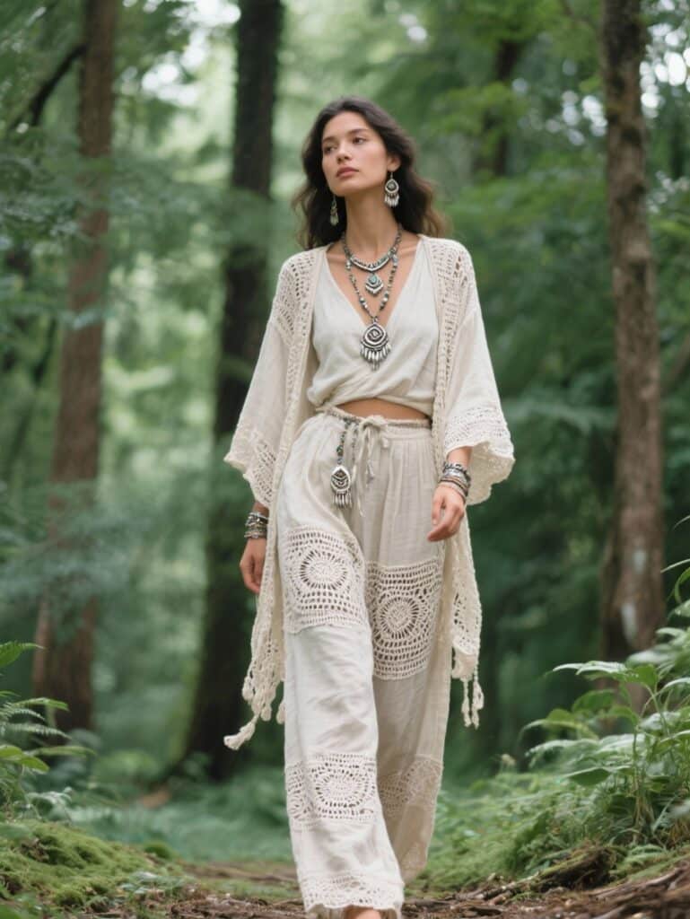 Crocheted Kimono and Wide-Leg Pants Set in Off-White — Boho Winter Outfits