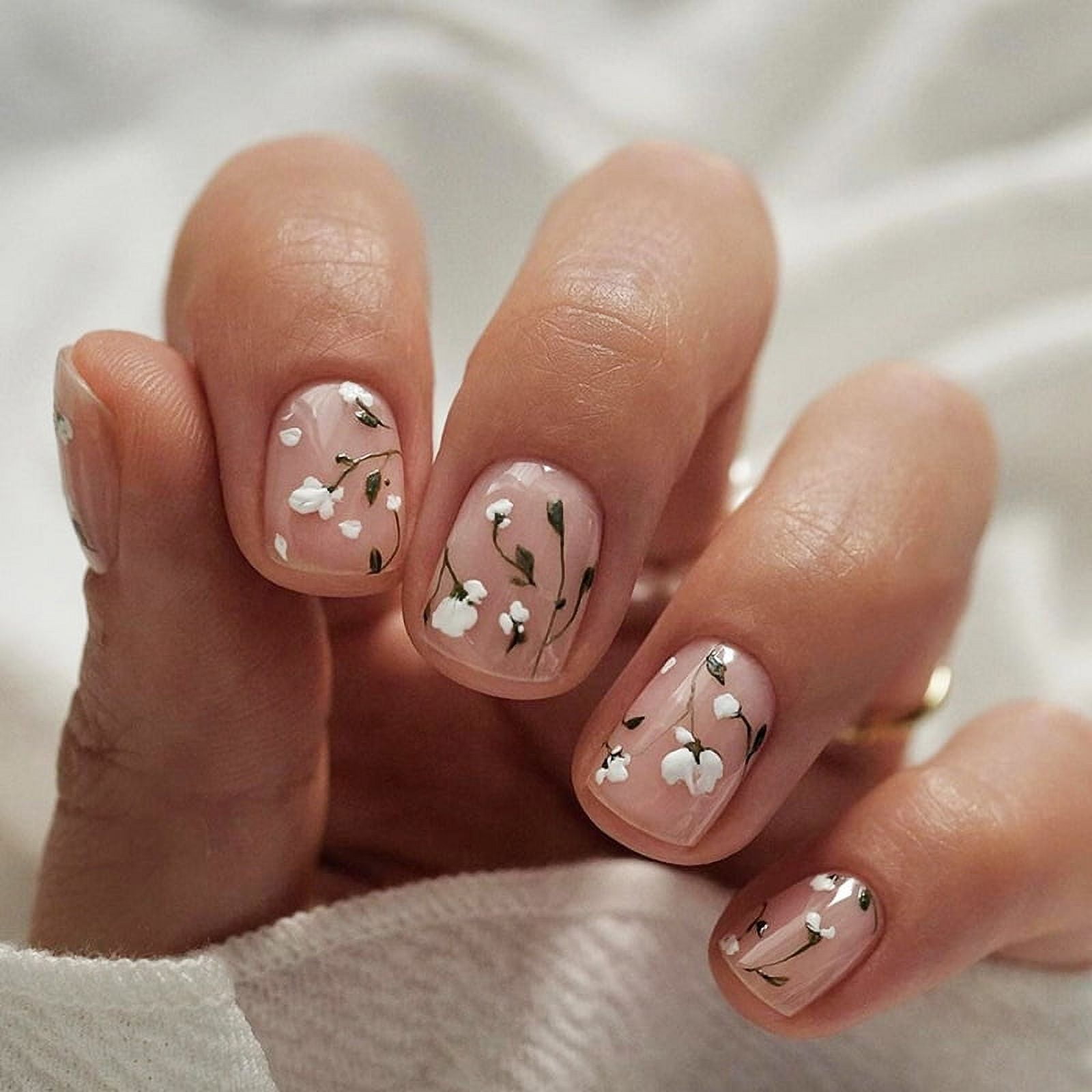 Sheer Pink Floral Vine Square Nails — Short Winter Gel Nails