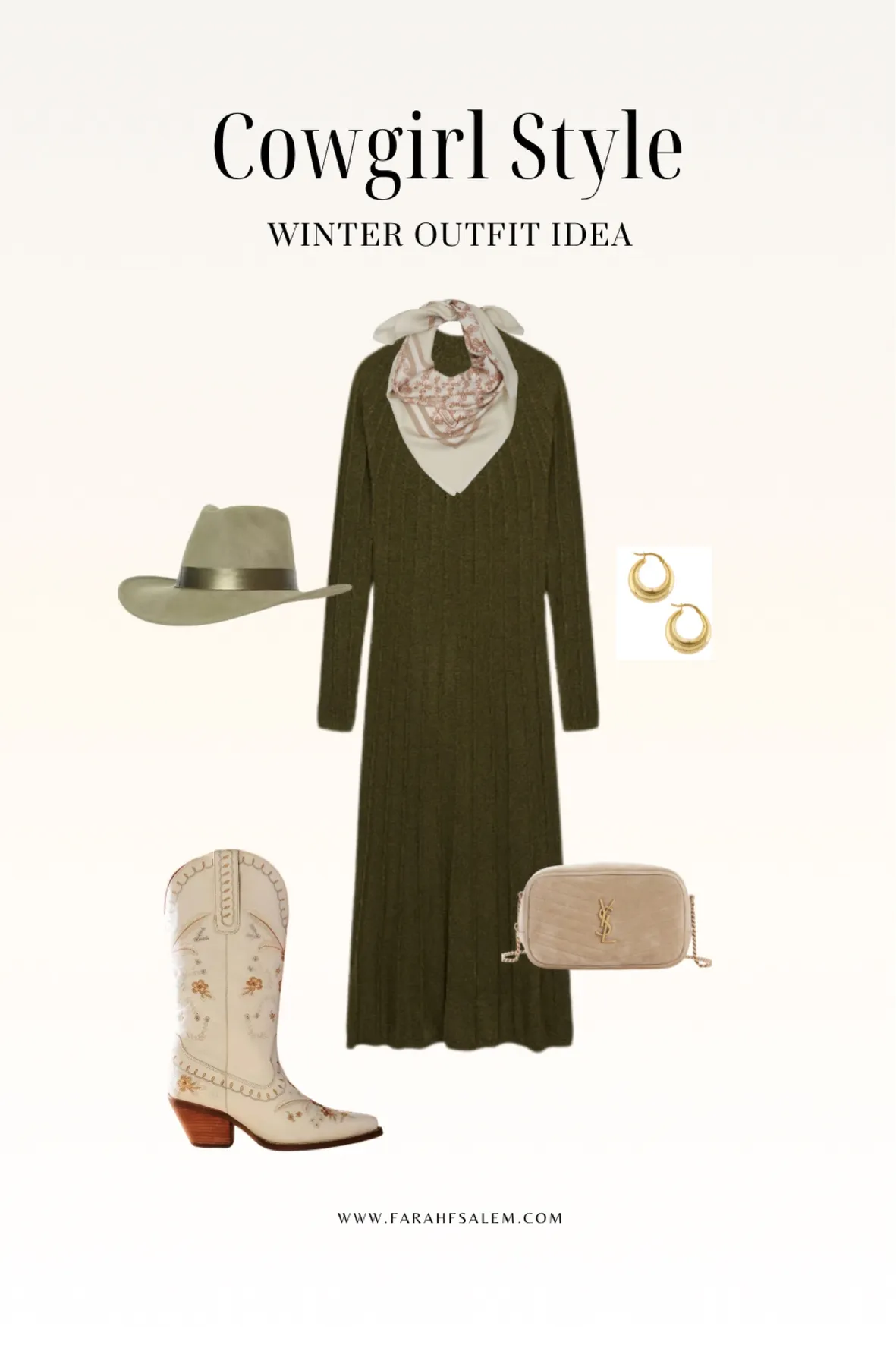 Cable Knit Midi Dress with Embroidered Cowboy Boots — Western Winter Outfits