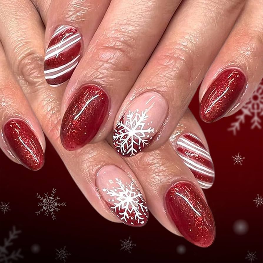 Nude Pink with Snowflakes and Glitter Nude Pink with Snowflakes and Glitter β Christmas Oval Nails 2026