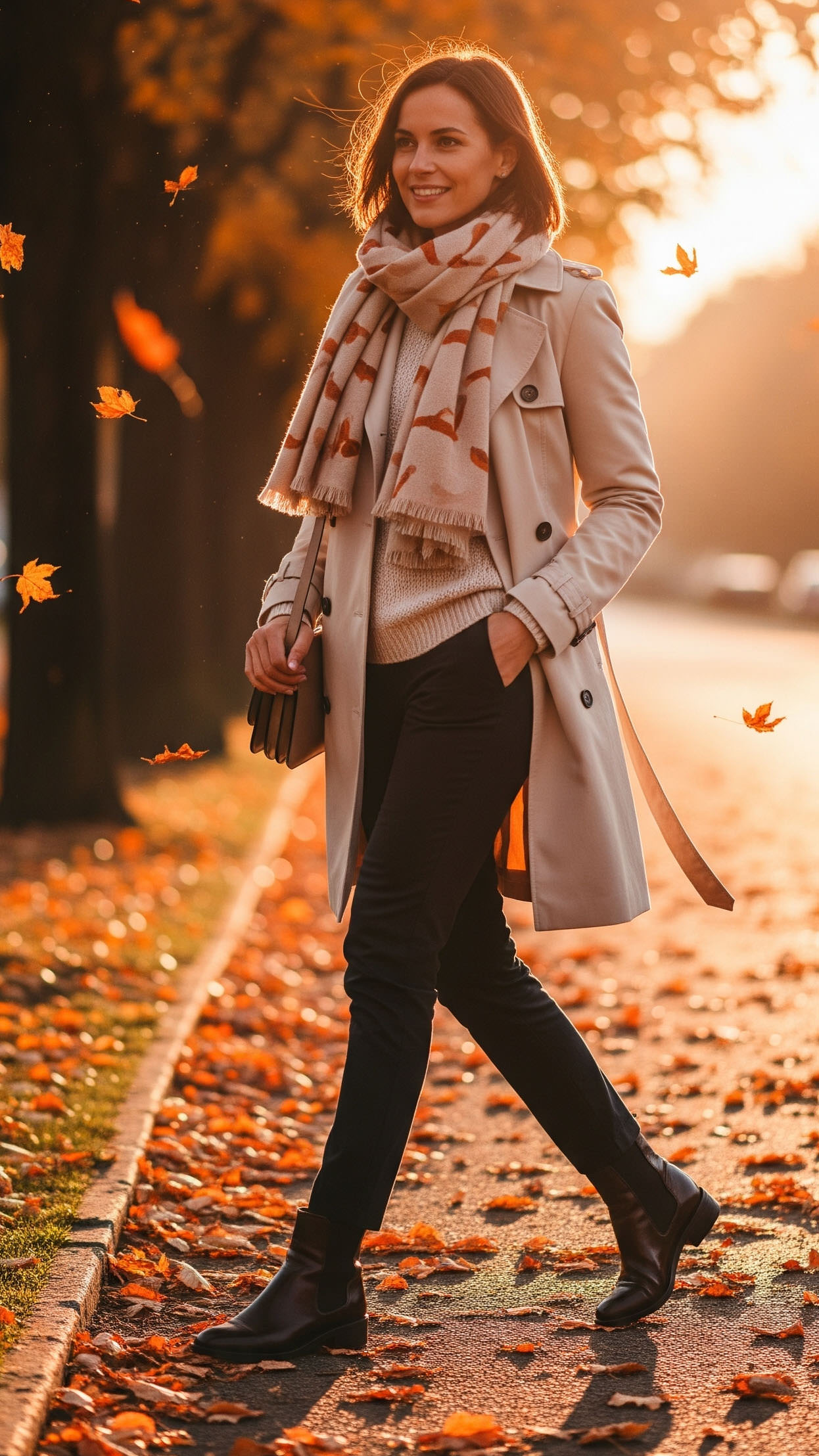 Beige Trench Coat with Knit Sweater and Patterned Scarf Beige Trench Coat with Knit Sweater and Patterned Scarf β Winter Work Outfits
