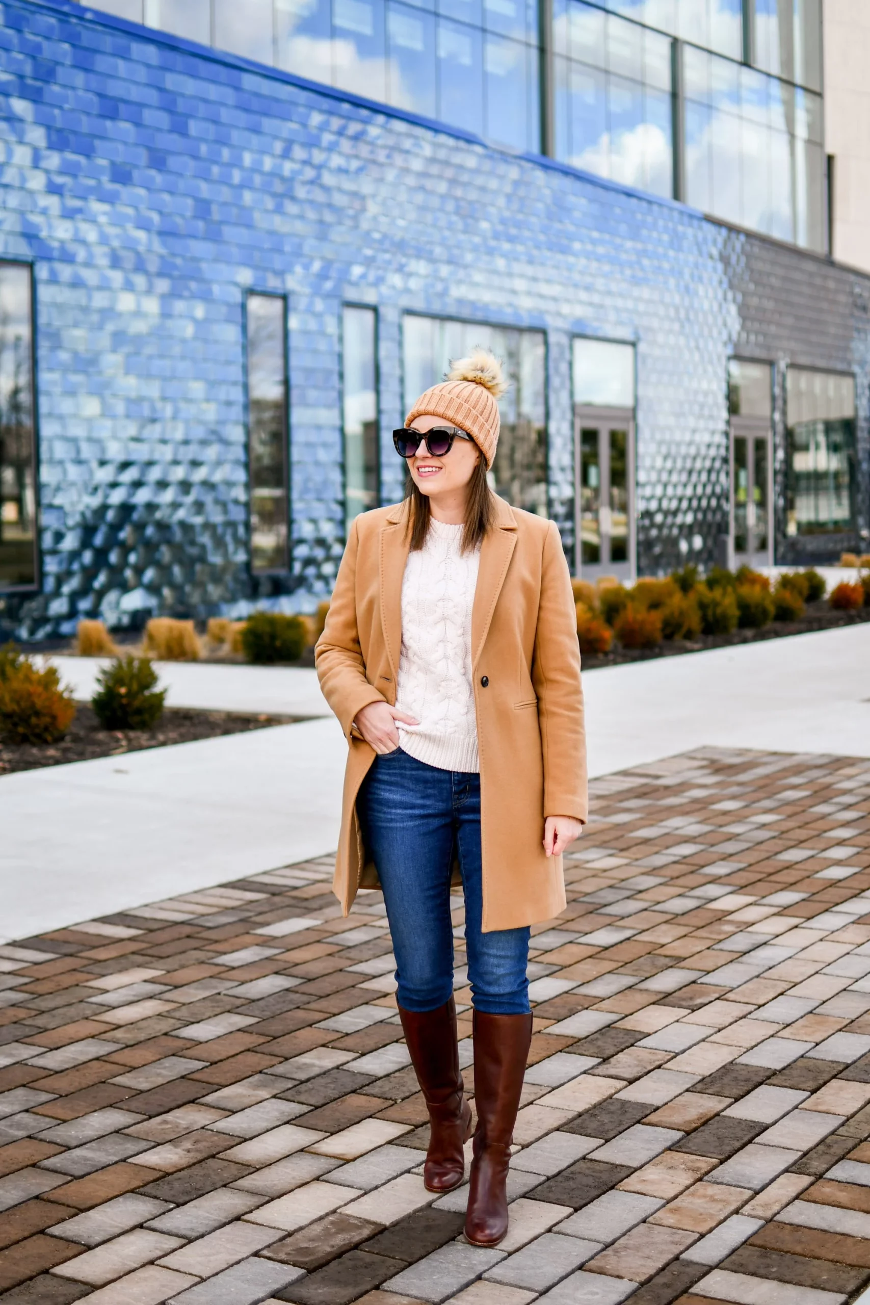 Classic Camel Coat with Cable Knit and Knee-High Boots — Cold Weather Outfits