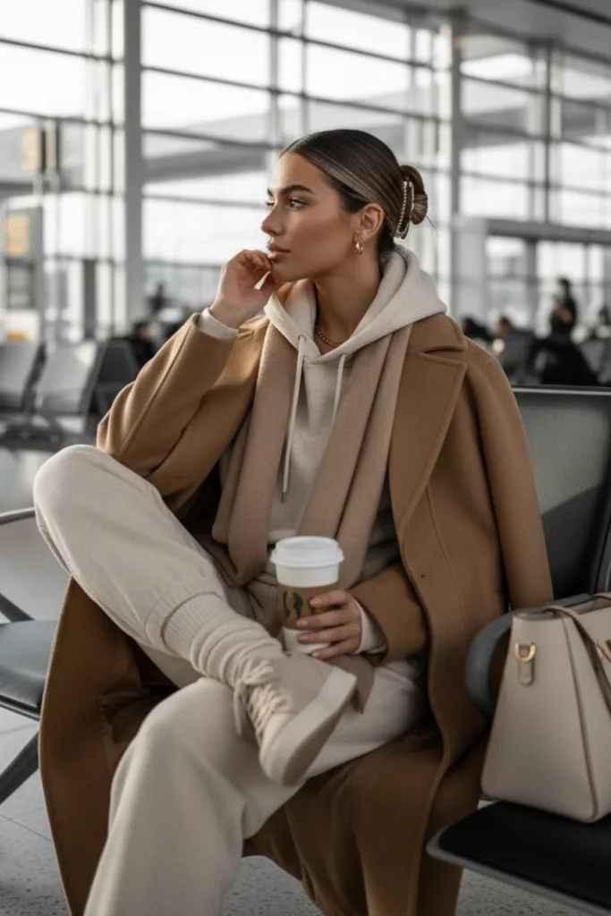 Camel Coat Over Cream Hoodie and Sweatpants for Cozy Travel Camel Coat Over Cream Hoodie and Sweatpants for Cozy Travel β Winter Airport Outfits