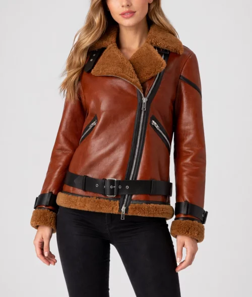 Fitted Brown Leather Aviator Jacket with Shearling for Classic Warmth — Winter Jackets for Women