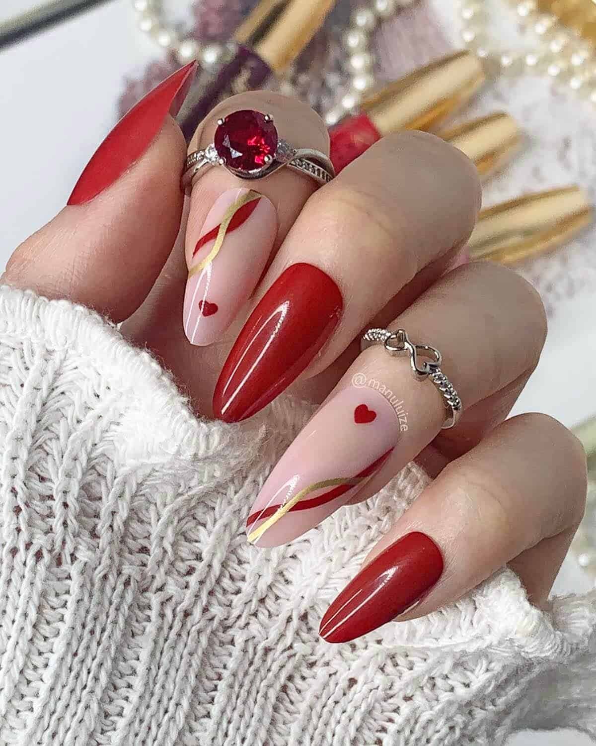 Deep Red and Nude Stilettos with Gold Accents — Winter Red Nails