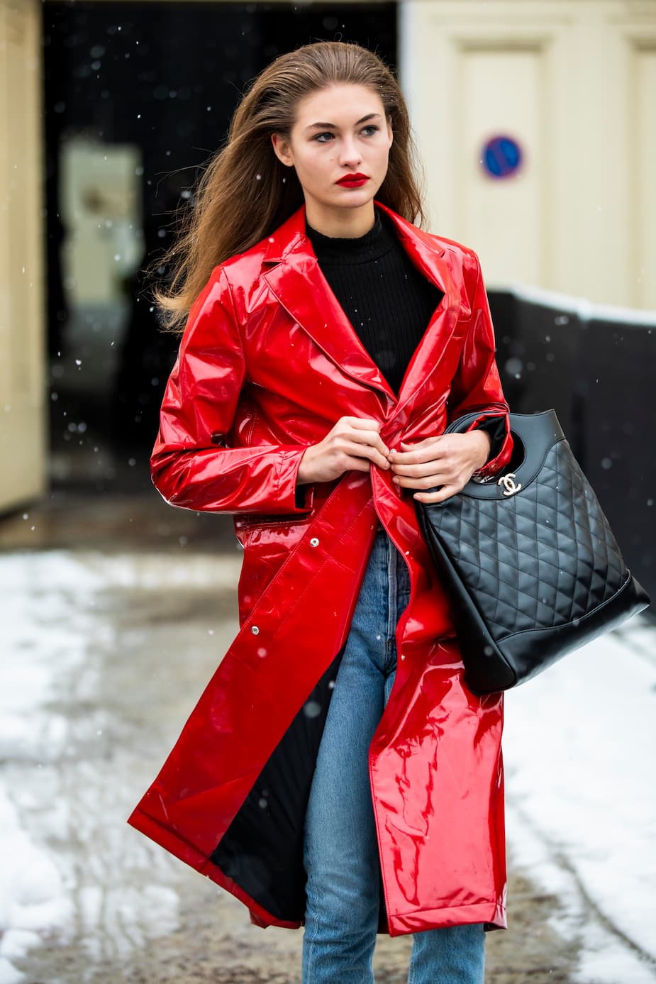 Red Patent Trench Coat with Denim and Black Turtleneck Red Patent Trench Coat with Denim and Black Turtleneck β Winter to Spring Transition Outfits