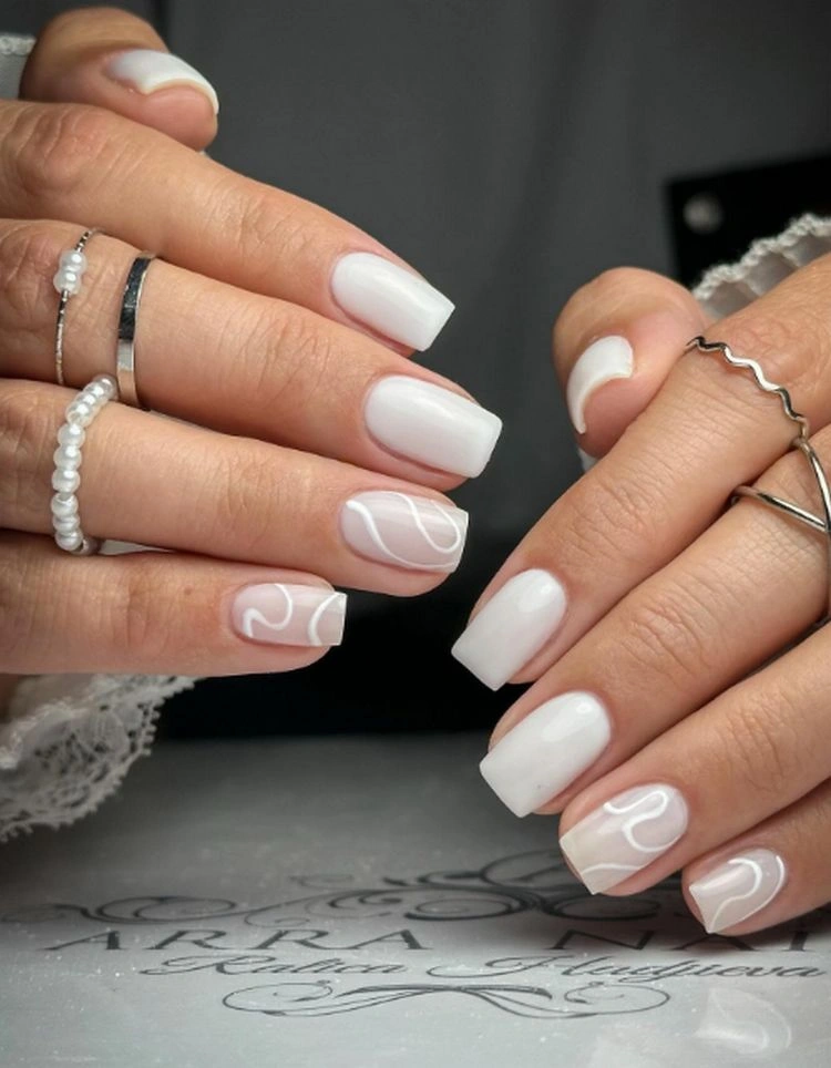 Chic Swirl Line Art Nails — Winter White Nails