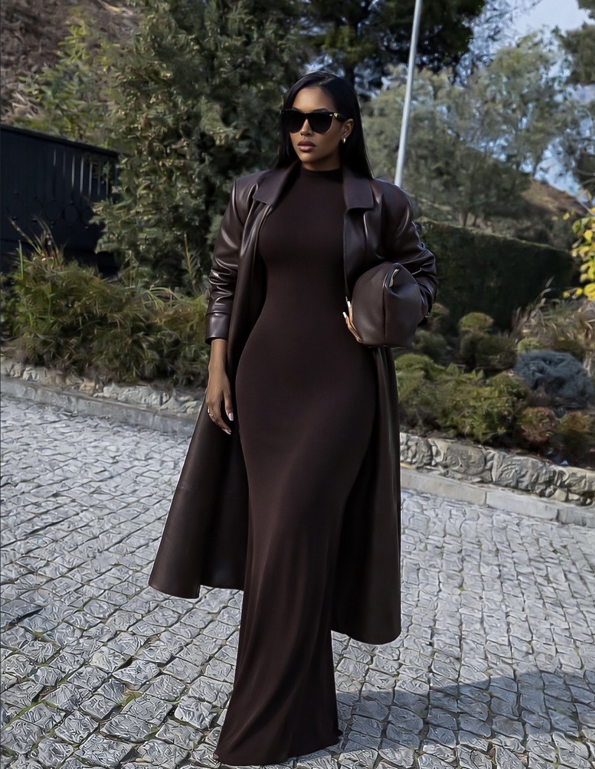 Ribbed Knit Maxi Dress with Faux Leather Trench Coat — Winter Going Out Outfits