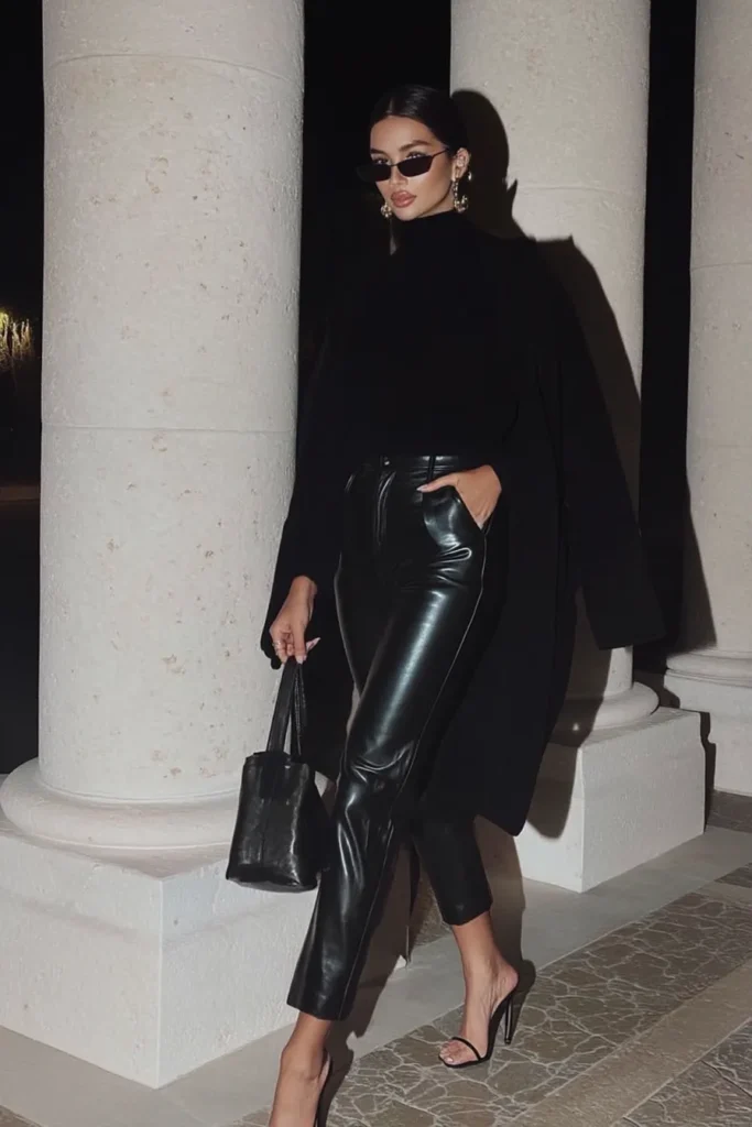 Flowing Cape and Leather Trousers for a Fashion-Forward Statement — All Black Winter Outfits