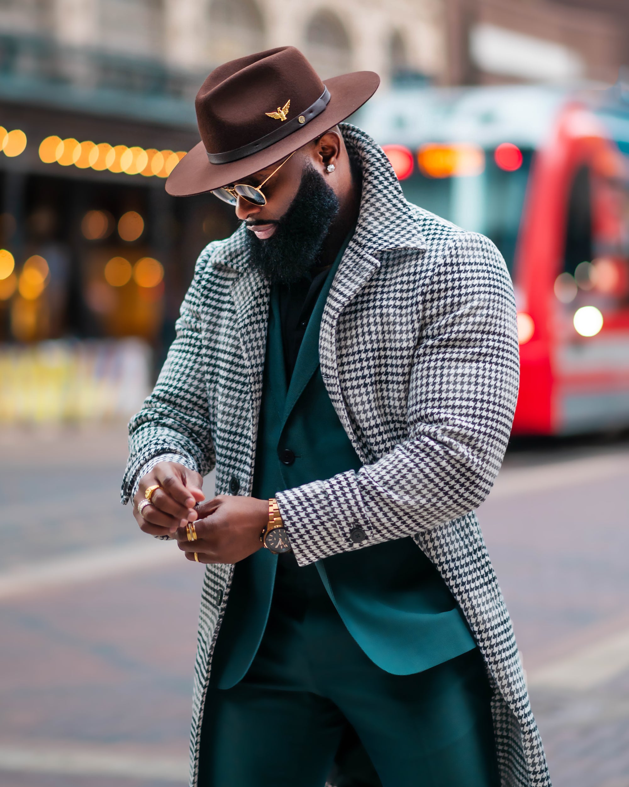 Houndstooth Car Coat with Teal Suit — Car Coat Outfits