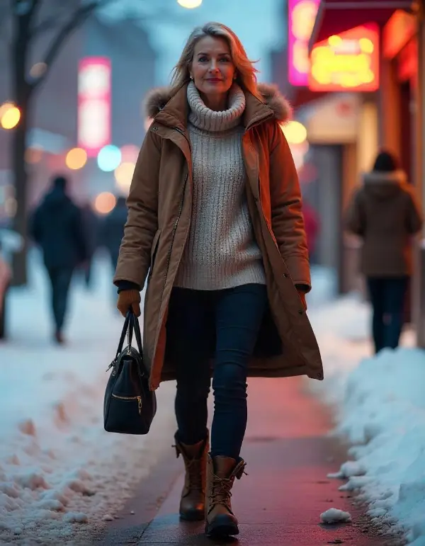 Cozy Cream Turtleneck with Fur-Trimmed Puffer Coat Cozy Cream Turtleneck with Fur-Trimmed Puffer Coat β Winter Outfits for Women Over 70