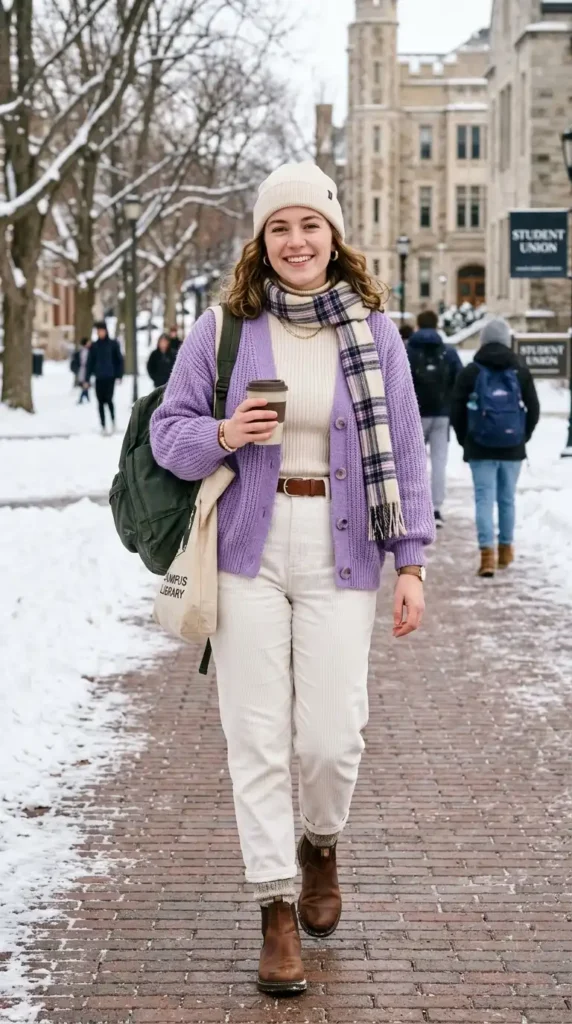 Beige Long Coat with Plaid Scarf for Cozy Academia — Winter College Outfits