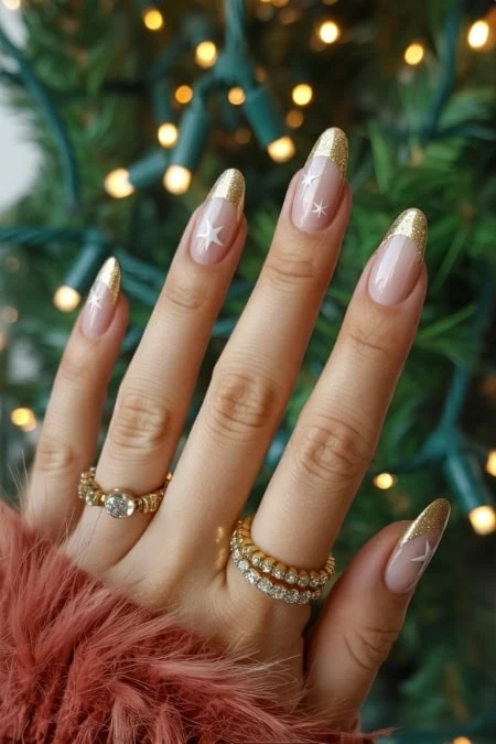 Gold Glitter French Tips with Star Accents Gold Glitter French Tips with Star Accents β Classy New Years Nails 2027