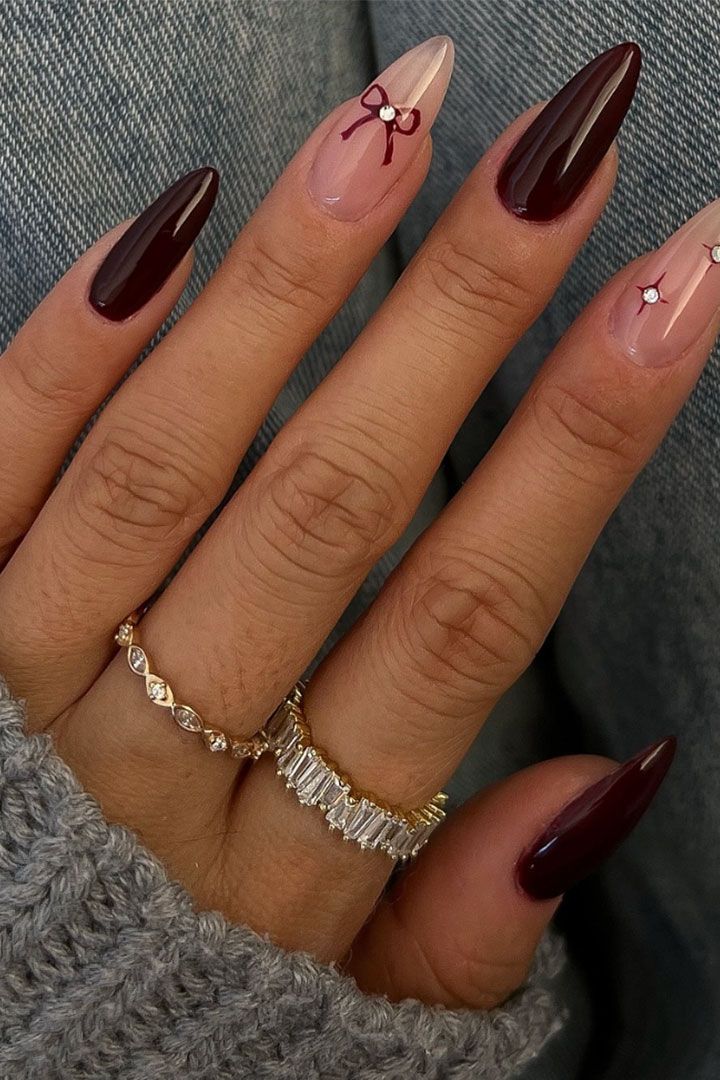 Long Stiletto Burgundy Sheer Nude Bows Long Stiletto Burgundy Sheer Nude Bows β Winter Bow Nails