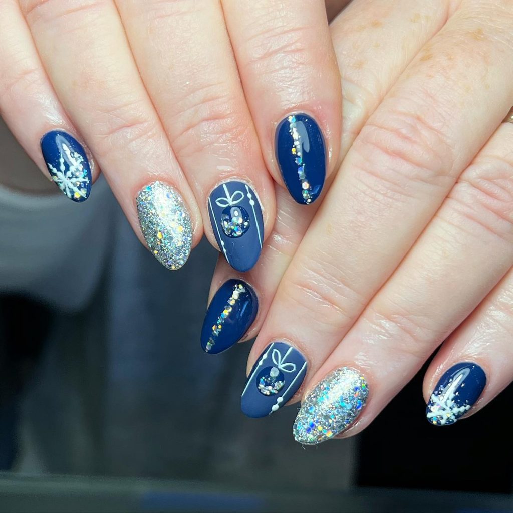 Navy Blue Snowflake & Glitter Nails — Christmas Nail Designs 2026