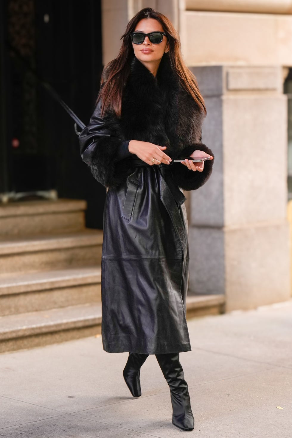 Luxurious Black Leather Trench with Fur Collar for Evening Glamour Black Coat Outfits