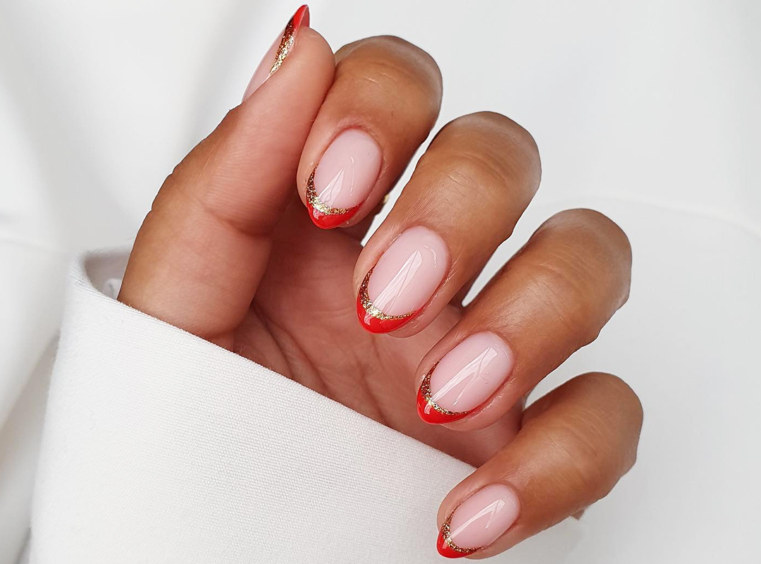 Sheer Pink Red Gold French Tips Sheer Pink Red Gold French Tips β Holiday Nails 2026