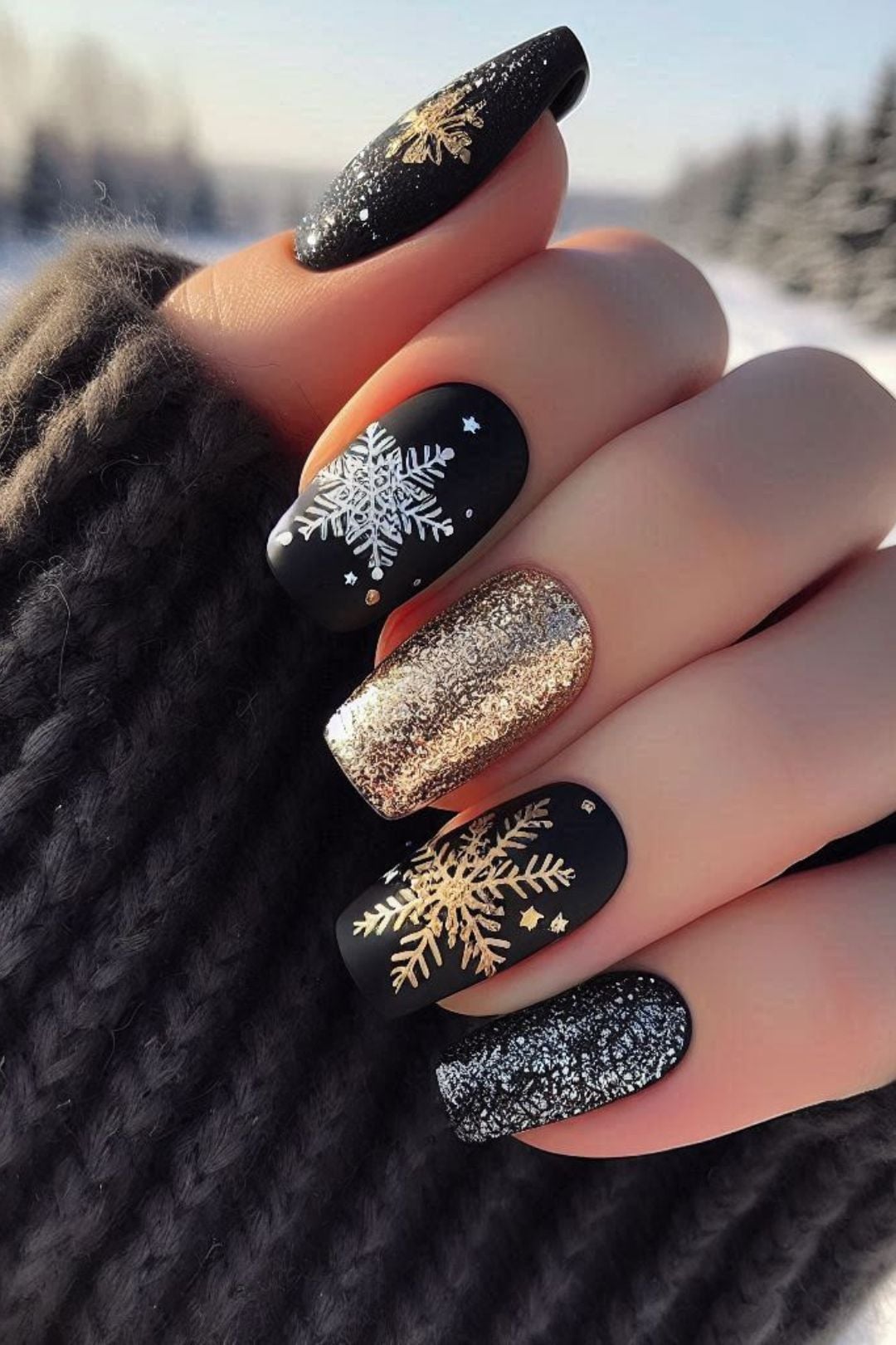 Matte Glitter Visual Idea — Winter Black Nails
