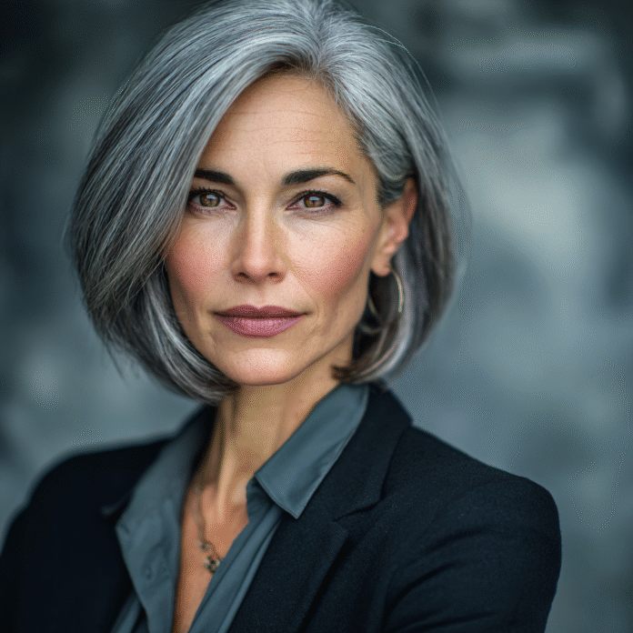 Sharp Grey Bob With Side-Swept Fringe — Winter Haircuts for Women Over 60