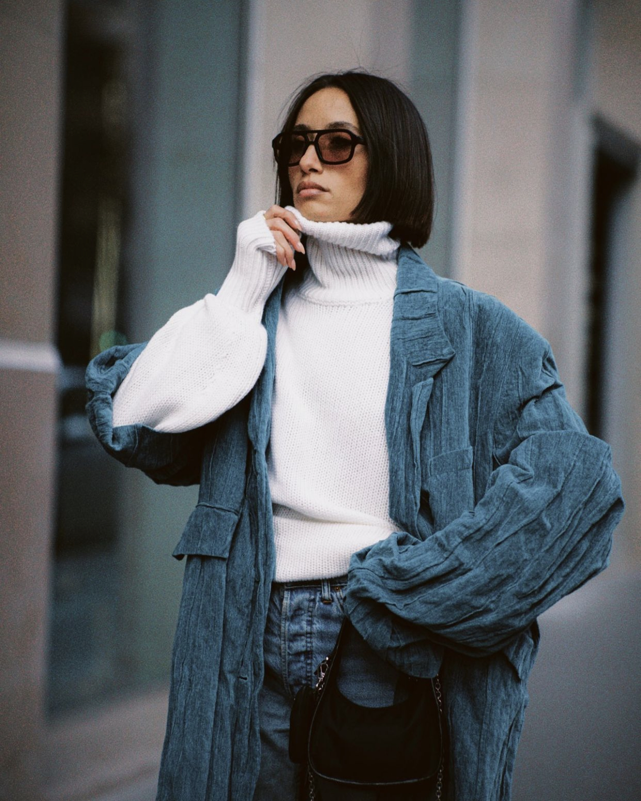 Cozy Texture Play: Blue Textured Jacket Over White Turtleneck and Jeans Cozy Texture Play: Blue Textured Jacket Over White Turtleneck and Jeans β Comfy Winter Outfits