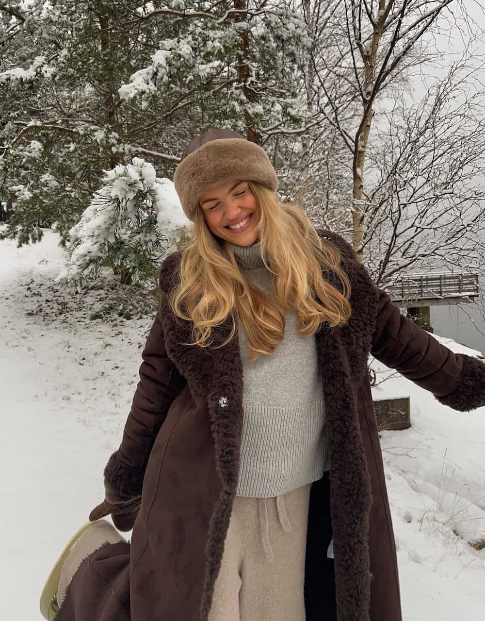 Shearling-Lined Coat and Knitted Trousers for Outdoor Warmth — January Outfits