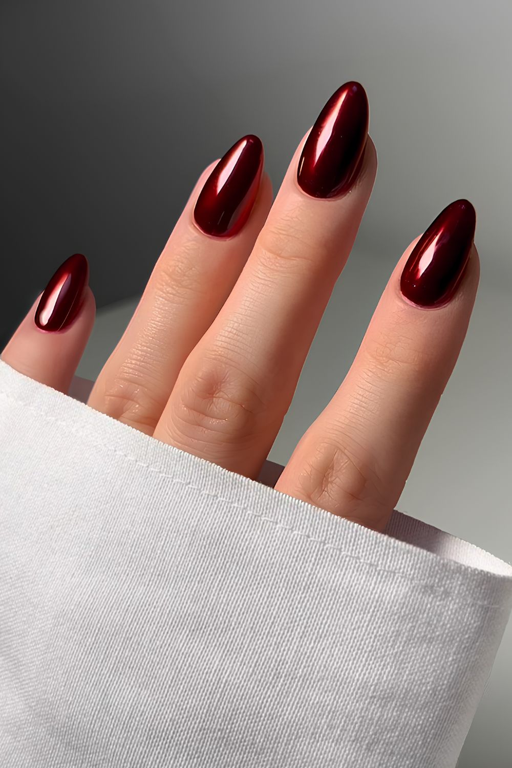 Deep Burgundy Chrome Almond Nails — Winter Gel Nail Colors